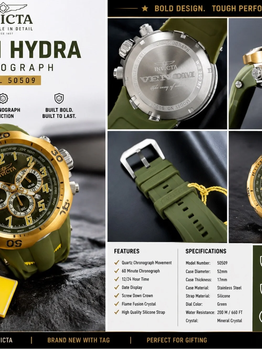 Invicta Men’s Hydra Chronograph Watch — Green/Gold